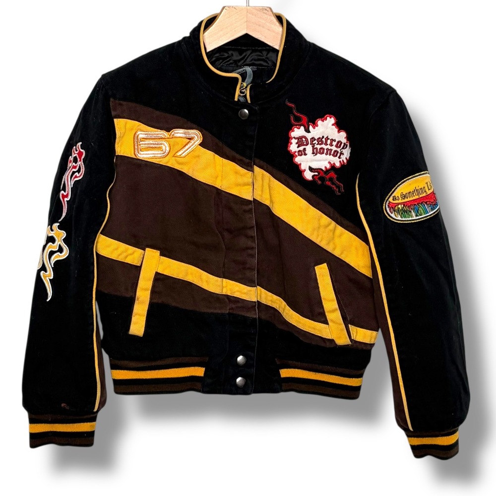Red Fox Embroidered Eagle "Destroy or Honor" Bomber Jacket Black Yellow‎ Brown